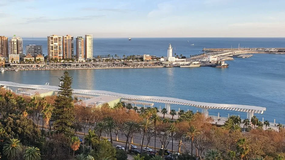 Golden October light over the seafront and Mediterranean on the Costa del Sol