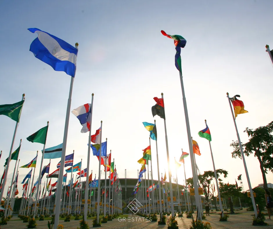Colourful international pavilions at the FIP fair in Fuengirola